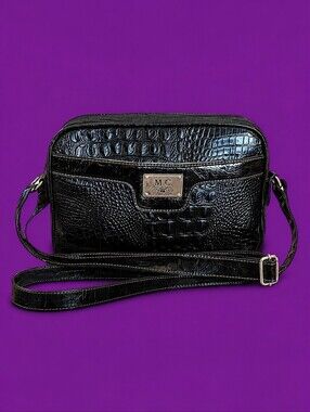 Vtg 1990s MC Black Faux Patent Alligator Leather Crossbody Camera Shoulder Bag